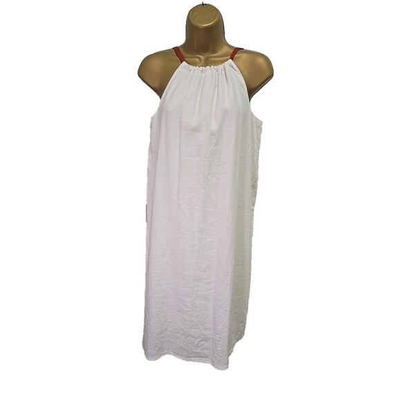 Handmade White Linen Shift Womens Lge Halter Brown Strap Peasant Resortwear - Picture 1 of 7